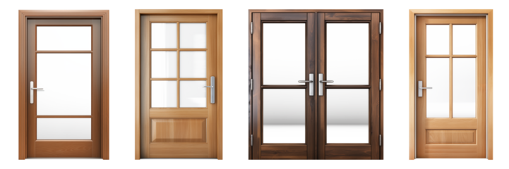 A set of different doors for apartments with transparent windows is cut out on a transparent background. Wooden doors in modern and classic style. Element to be inserted into a design or project