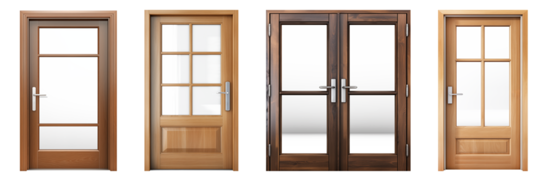 A set of different doors for apartments with transparent windows is cut out on a transparent background. Wooden doors in modern and classic style. Element to be inserted into a design or project