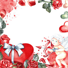 A red heart-shaped gift box with a white bow and a cupid decorated with roses. Hand-drawn watercolor illustration. For Valentine's Day, wedding. For packaging, leaflets, posters and banners, postcard.