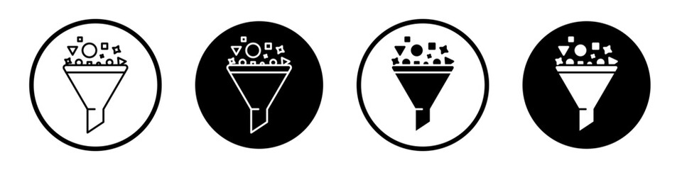 Content curation icon set. data funnel vector symbol. filter curator sign in black filled and outlined style.