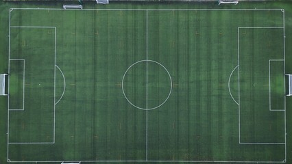Drone aerial view of empty soccer football field without players during Covid-19 Coronavirus outbreak lockdown - sport activities 