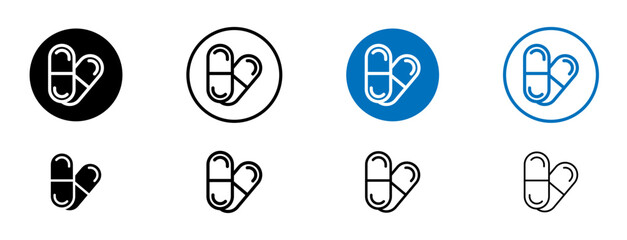 Medicine of pills and capsules line icon set. Vitamin tablet sign. Medical painkiller drug pill symbol in black and blue color. - obrazy, fototapety, plakaty