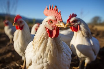 Fototapeta premium A flock of chickens stands proudly on the farm, their feathers glistening under the warm sunlight