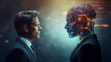 Naklejka premium human person meets AI-robot in confrontation and communication