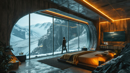 The interior of a futuristic hotel room with AI assistants in the icefields - obrazy, fototapety, plakaty