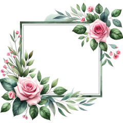 A square watercolor frame pink roses and leaves on transparent background - obrazy, fototapety, plakaty