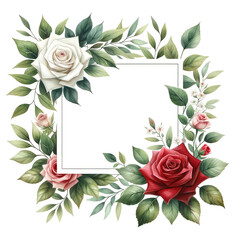 A square watercolor frame roses and leaves on white background