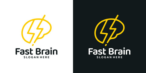 Think fast logo design template. Brain logo with lightning bolt design graphic vector. Symbol, icon, creative.