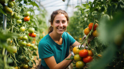 Fototapeta na wymiar Smiling young woman in a greenhouse, picking ripe tomatoes