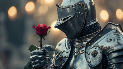 romantic hero - a beautiful young knight in silver armor  holds one red rose in his hand