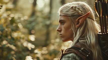 The romantic hero - beautiful young forest male elf with pointed ears, long blond hair, and a bow and arrow. medieval, fantasy aesthetics