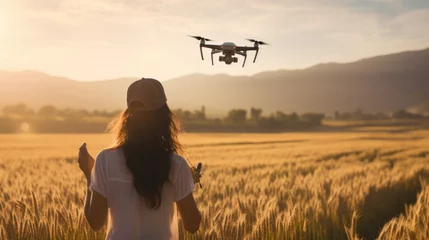 Tuinposter Woman in a field at sunset, operating a drone, which symbolizes modern agricultural technology and innovation. © MP Studio