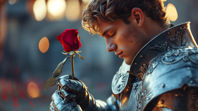 romantic hero - a beautiful young knight in silver armor  holds one red rose in his hand