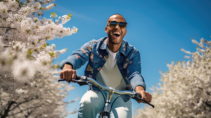 Man joyfully riding a bicycle on a road lined with blossoming white cherry trees under a clear blue...