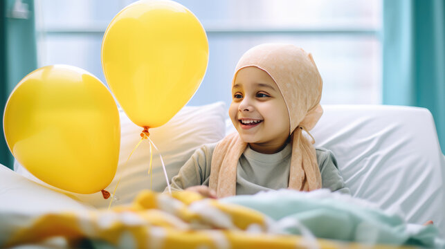 Young child in a hospital bed, smiling joyfully at a yellow balloon, wearing a headscarf