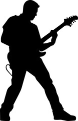 A guitarist musician in detailed silhouette playing his guitar musical instrument. AI generated illustration.