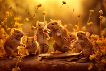 A group of cartoon field mice in a meadow at sunset. Little mouse in the meadow - obrazy, fototapety, plakaty