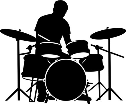 A drummer musician drumming drums in detailed silhouette. AI generated illustration.