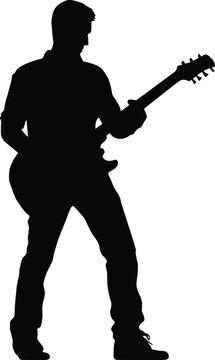 recommend clip art: A guitarist musician in detailed silhouette playing his guitar musical instrument. AI generated illustration.