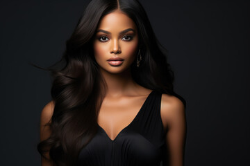 Matte Makeup Glamour: Beautiful Black Model in Silk Press Hair