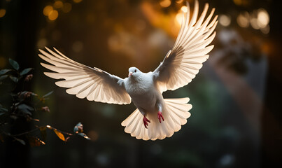 Flying white dove on a background of mountains in the rays of the setting sent White dove flying in the air. Freedom, peace and love concept.
AI Generative