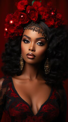 Luxury Holiday Vibes: Glamorous Black Model in Festive Hues