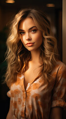 Fototapeta premium Fashionable White Model, Effortlessly Glamorous in Fall-Inspired Brown Attire