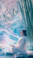 A tranquil meditation in a mystical bamboo forest with swirling energy streams and cherry blossoms, embodying harmony and spiritual flow - obrazy, fototapety, plakaty