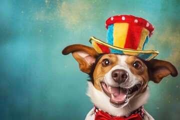 April Fools Day, funny dog in a clown hat, circus performer, trained animal, big smile and laughter