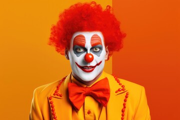 funny man clown, April Fool, circus performer, pantomime artist, red curly wig, wide smile and laughter - obrazy, fototapety, plakaty