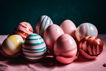 Colorful eggs with paint on pink striped background. Generative AI