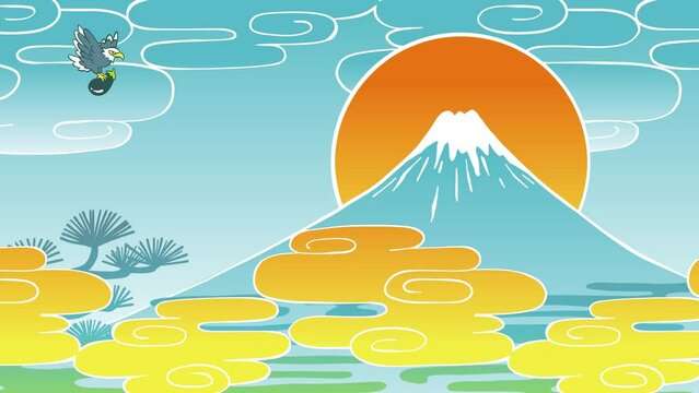 日本の風景。お正月イメージ（富士山と初夢）。一富士二鷹三茄子。手描きループアニメーション。背景素材。