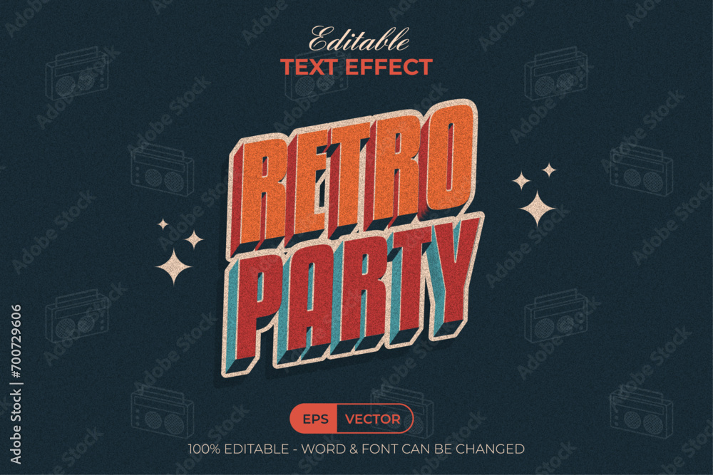 Poster retro party text effect 3d vintage style. editable text effect.