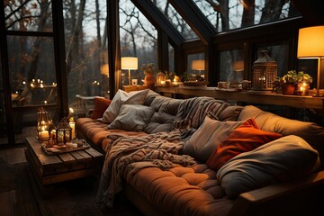 Inviting rustic nook with candles, twilight forest view, and cozy ambiance