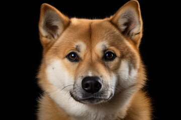 Akita Inu Dog close-up portrait on a black background.