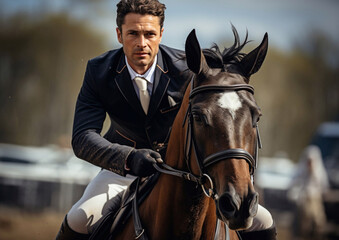 Obraz premium Handsome man riding horse on equestrian training on large arena.Macro.AI Generative.