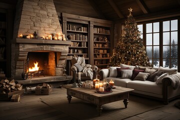 Cozy holiday living room with Christmas tree and fireplace