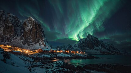 village nordique en hiver et de nuit avec aurore boréale, reflet des montagnes et du ciel dans l'eau du fjord