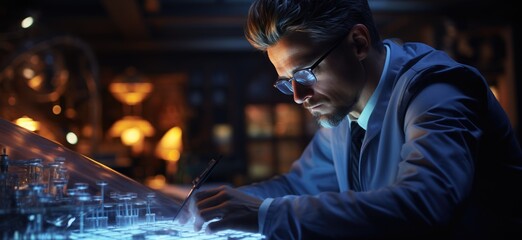 Middle age male scientist looking at documents in a laboratory