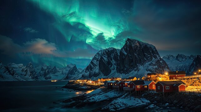 village nordique en hiver et de nuit avec aurore bor&eacute;ale, reflet des montagnes et du ciel dans l'eau du fjord