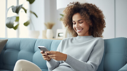 Happy woman using a smartphone while comfortably seated on a couch - obrazy, fototapety, plakaty