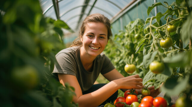 Smiling young woman in a greenhouse, picking ripe tomatoes