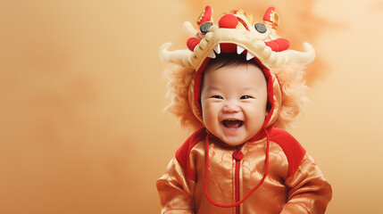 A cute and happy Asian baby in a golden traditional costume and a dragon hat on blurred golden background. Chinese New Year celebration background design with copy-space for text.