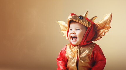 A cute and happy white baby in a red dragon costume on blurred golden background. Chinese New Year celebration background design with copy-space for text.