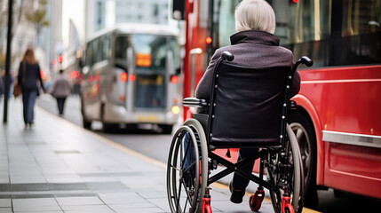 Elderly person from behind, seated in a wheelchair at a public transport stop - obrazy, fototapety, plakaty