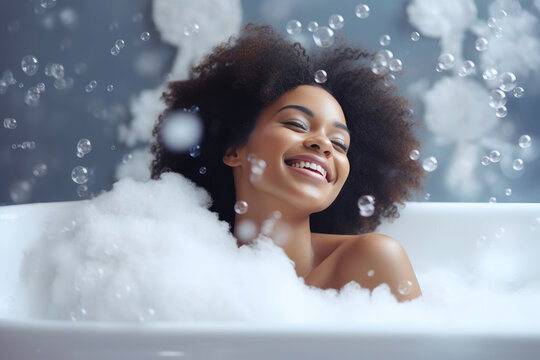 Happy Black Girl Soaking in Bubbles