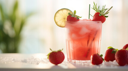 Strawberry cocktail margarita with frozen ice, green rosemary twig, berry slices, sugar rim in soft light white modern minimal interior in sunny day