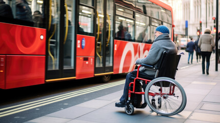 Elderly person from behind, seated in a wheelchair at a public transport stop