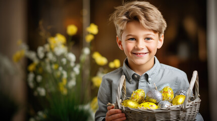 Obraz premium Smiling young child holding a basket filled with colorful Easter eggs and a plush bunny toy