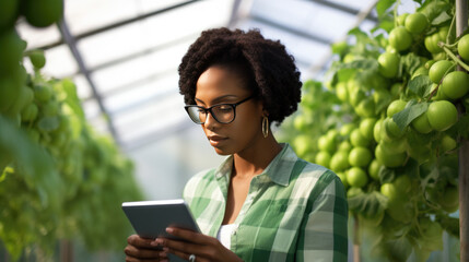 Black woman in a plaid shirt, wearing glasses, looking at a tablet in her hands, with a background of green apples growing in an orchard or greenhouse.